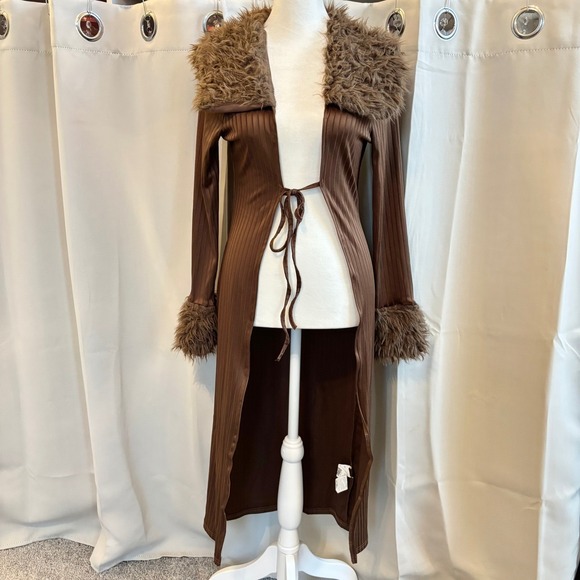 SHEIN Sweaters - Womens Cardigan Medium Duster Ribbed Knit Faux Fur Tie Penny Lane Y2K 20071